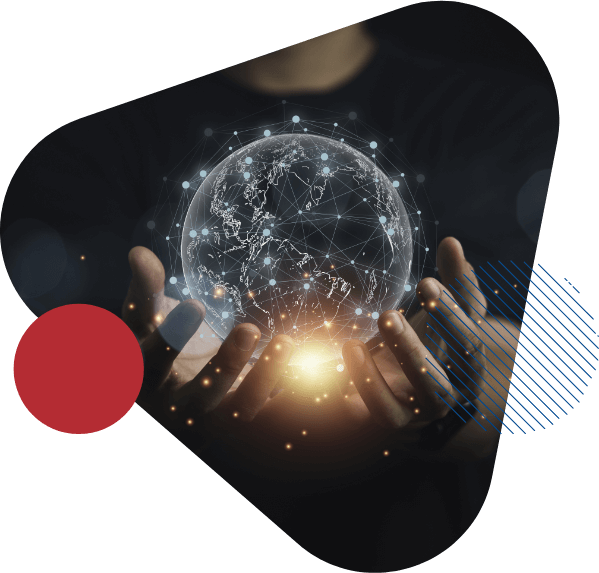 A triangular image shows two hands holding a holographic globe surrounded by floating lights, illustrating the accessibility of the digital world, with a red circle on the left and a striped blue circle on the right, symbolizing the importance of data backup solutions provided by a Managed IT Services Provider.