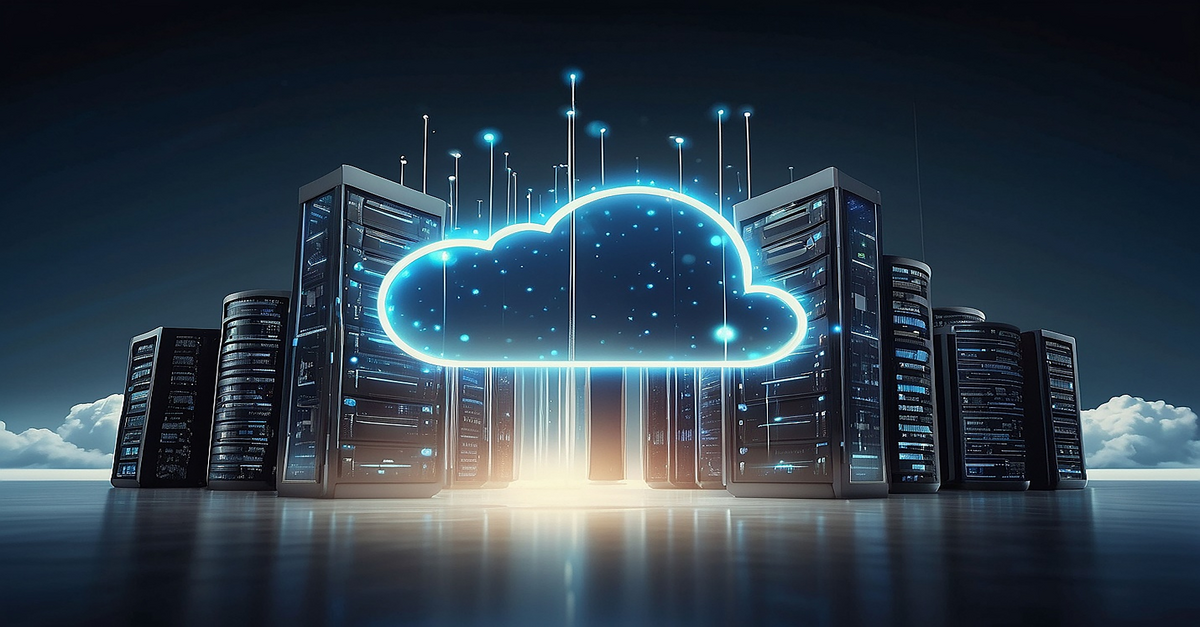 a neon graphic of a cloud is seen in front of several data centers on a dark surface against a dark background with fluffy white clouds seen behind them, highlighting the importance of both cloud storage and cloud security for businesses.