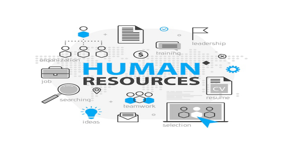 A grey, blue, black, and white graphic shows the words HUMAN RESOURCES in the centre surrounded by small graphics to show various aspects of HR such as training, leadership, selection, idea generation, sifting through resumes, etc; highlighting the benefits of HRMS for businesses looking to streamline HR operations.