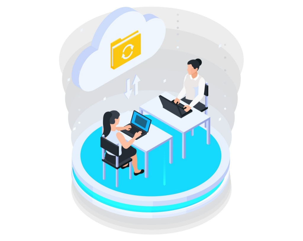 A vector image of two women working on their laptops connected via cloud-based systems