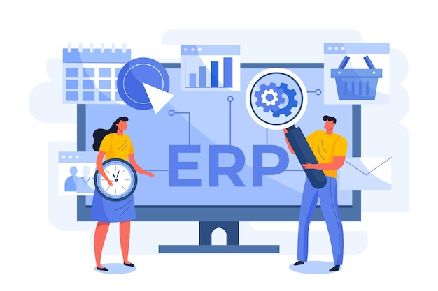 Vector image showing two people searching for the right ERP for their company based on their needs