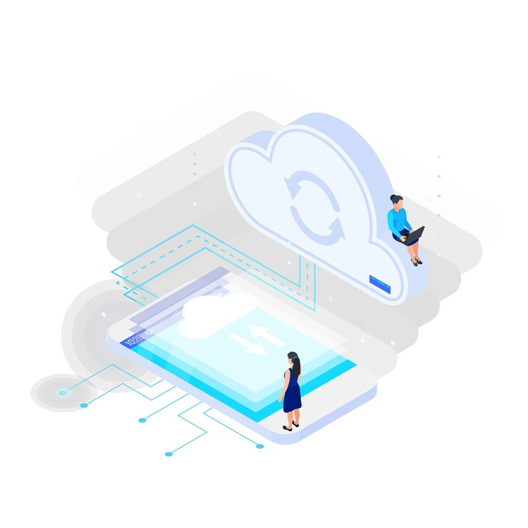 A vector image shows two women, working together, connected via cloud solutions for businesses