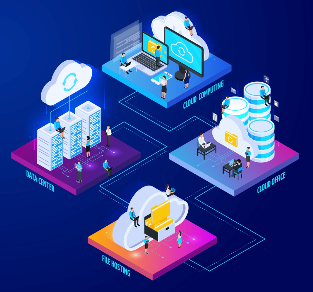 Cloud services isometric flowchart with pictogram icons and images of computers with little people vector illustration