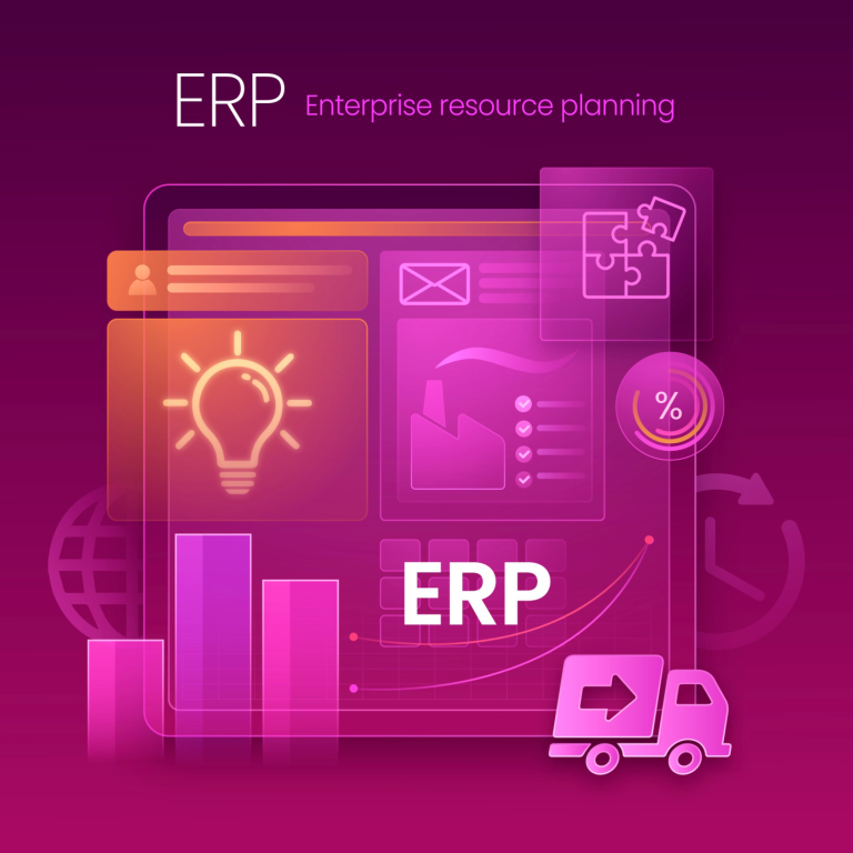 Pink and purple infographic demonstrating how ERP solutions like Sage help organizations optimize their operations