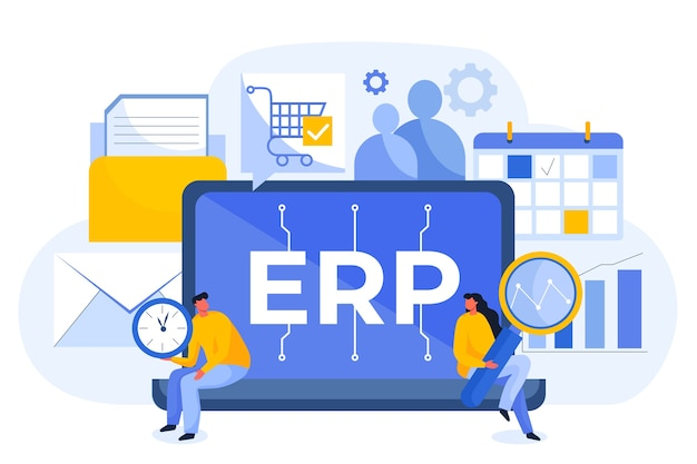 A vector image showing two people from different teams using ERP to enhance operational efficiency collaboratively