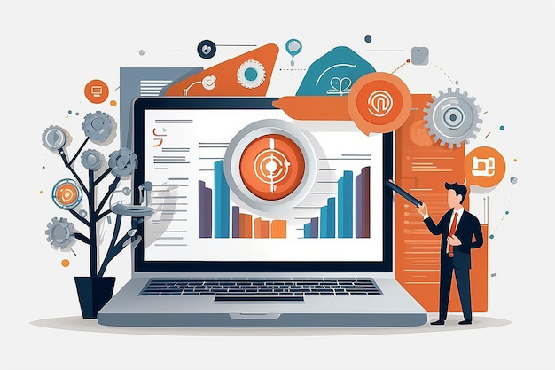 Conceptual illustration of business growth, symbolized by a gear shape with financial charts and technology icons.