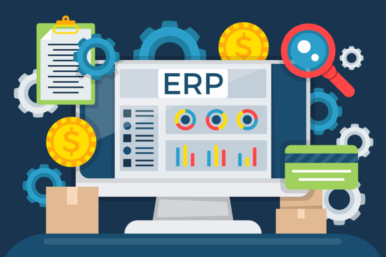 Vector graphic demonstrating how ERP offers real-time access to crucial data, automating workflows