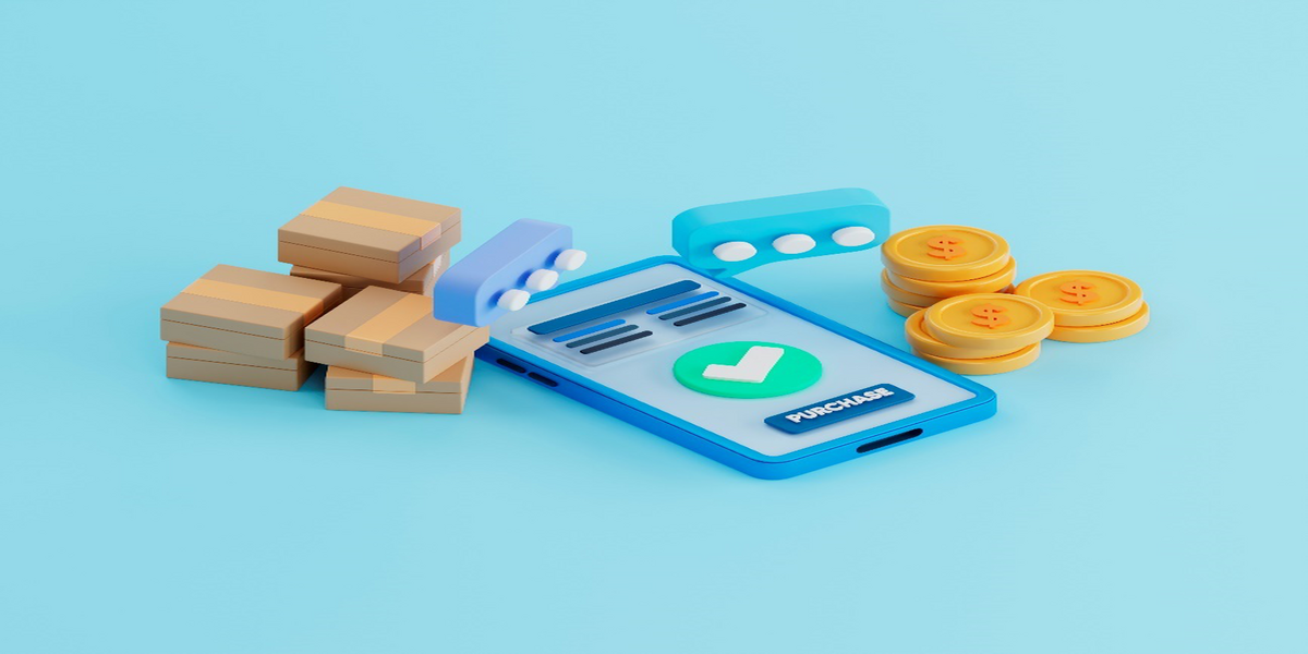 3D illustration of a mobile purchasing app with coins and boxes.