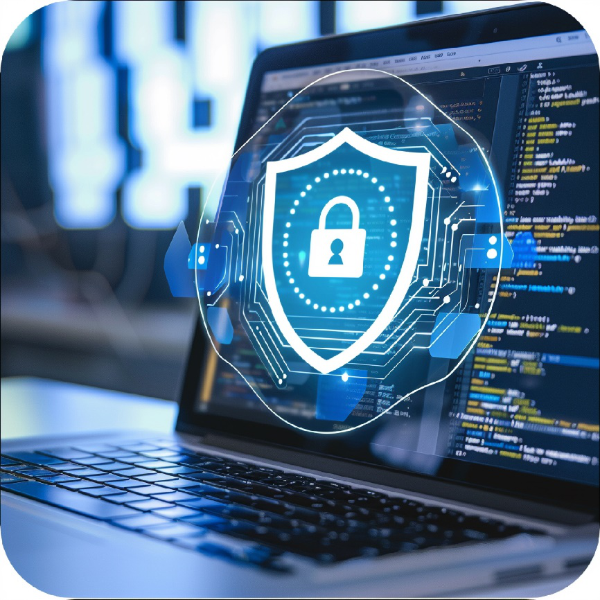 Laptop screen with a digital security shield overlay