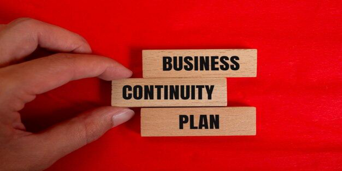 Business continuity plan written on wooden blocks on a red surface