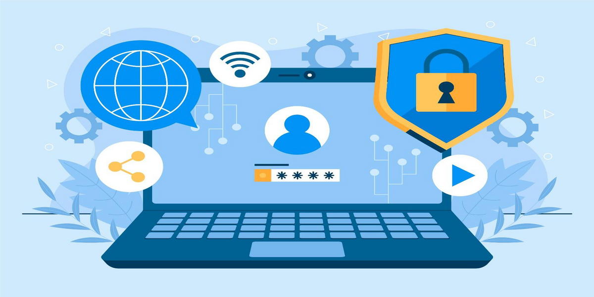 A laptop screen with digital security icons representing cybersecurity protection