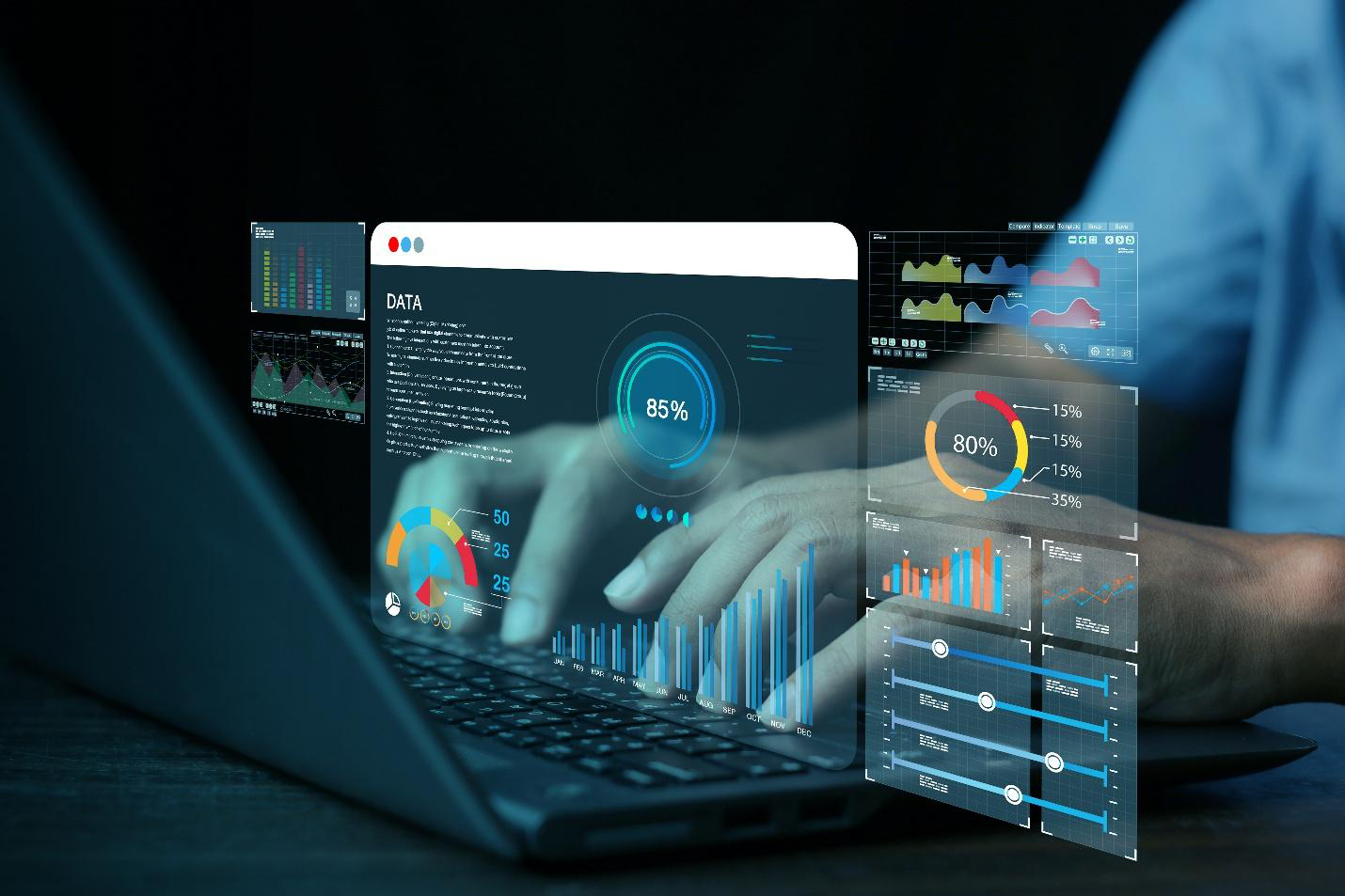 A person typing on a laptop with digital financial dashboards representing Sage Intacct automation