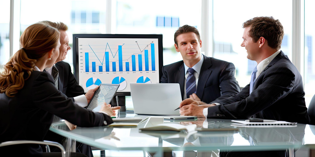 Business professional analyzing financial graphs and charts on a computer screen.