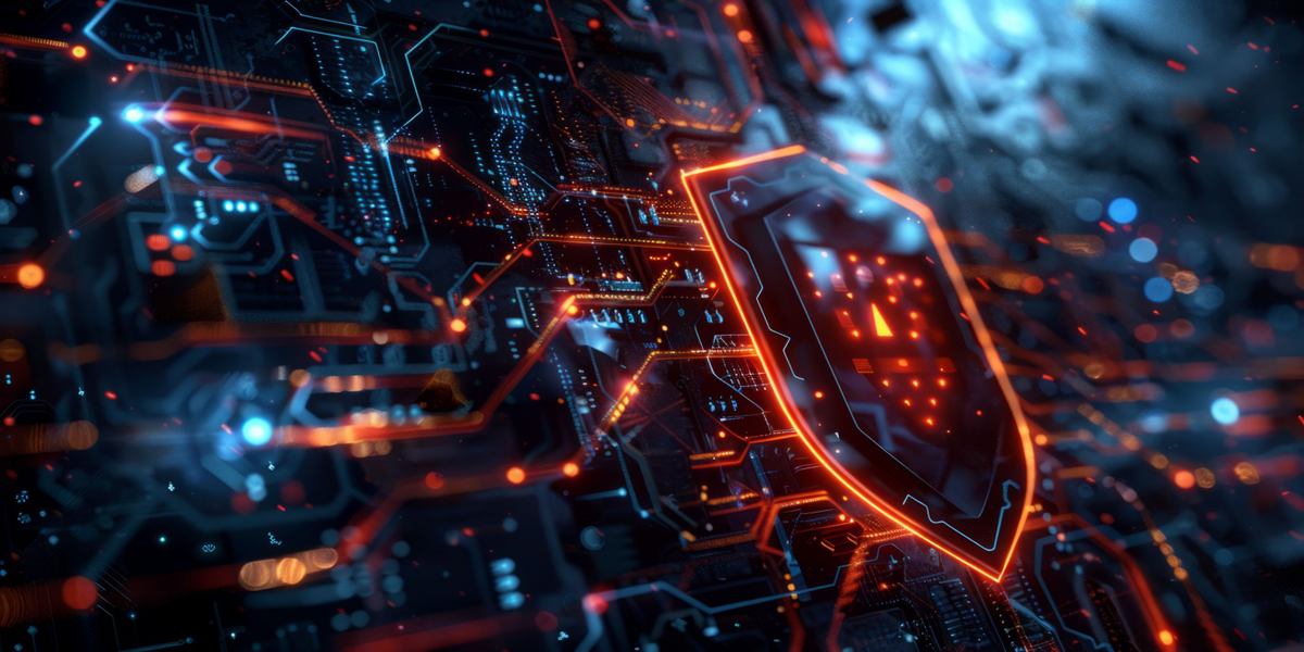 Digital shield symbolizing cyber security and network protection.