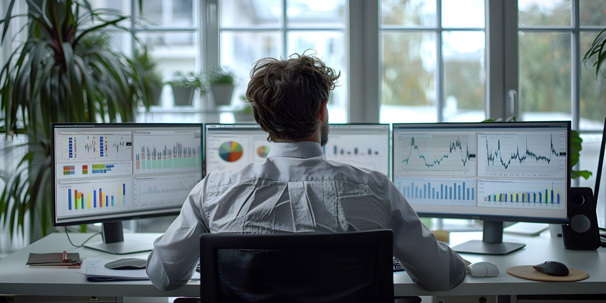 CFO working on multiple screens using the ERP software dashboard that is displaying enterprise resource management features.