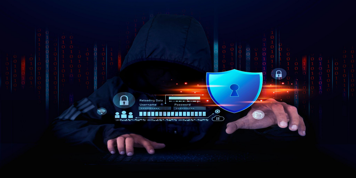 Digital representation of secure computer network with shield symbol.