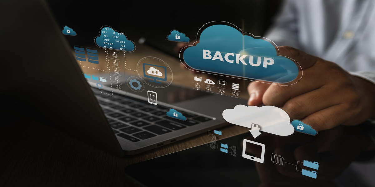 Cloud data backup interface illustrating secure digital data transfer and recovery systems