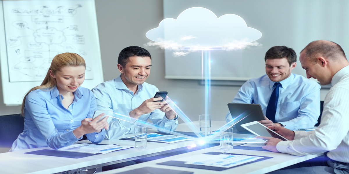 Business team using cloud computing technology and digital devices for HR management.