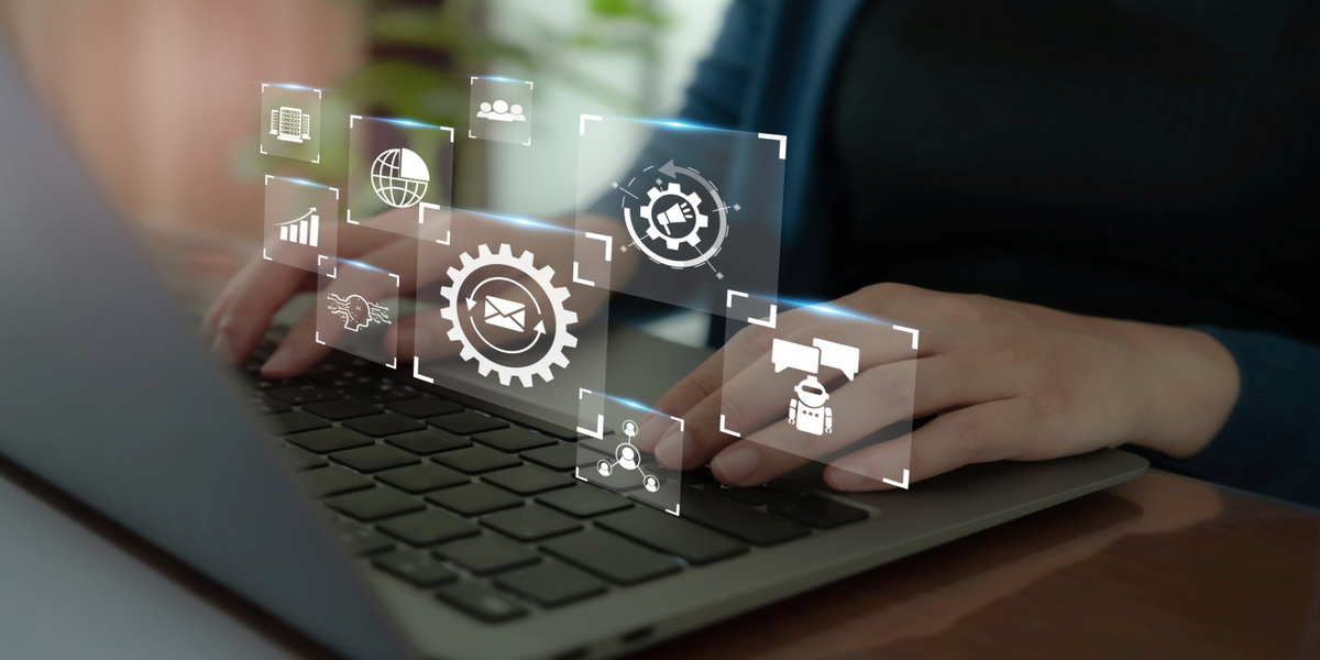 Digital visualization of marketing automation and workflow management system.