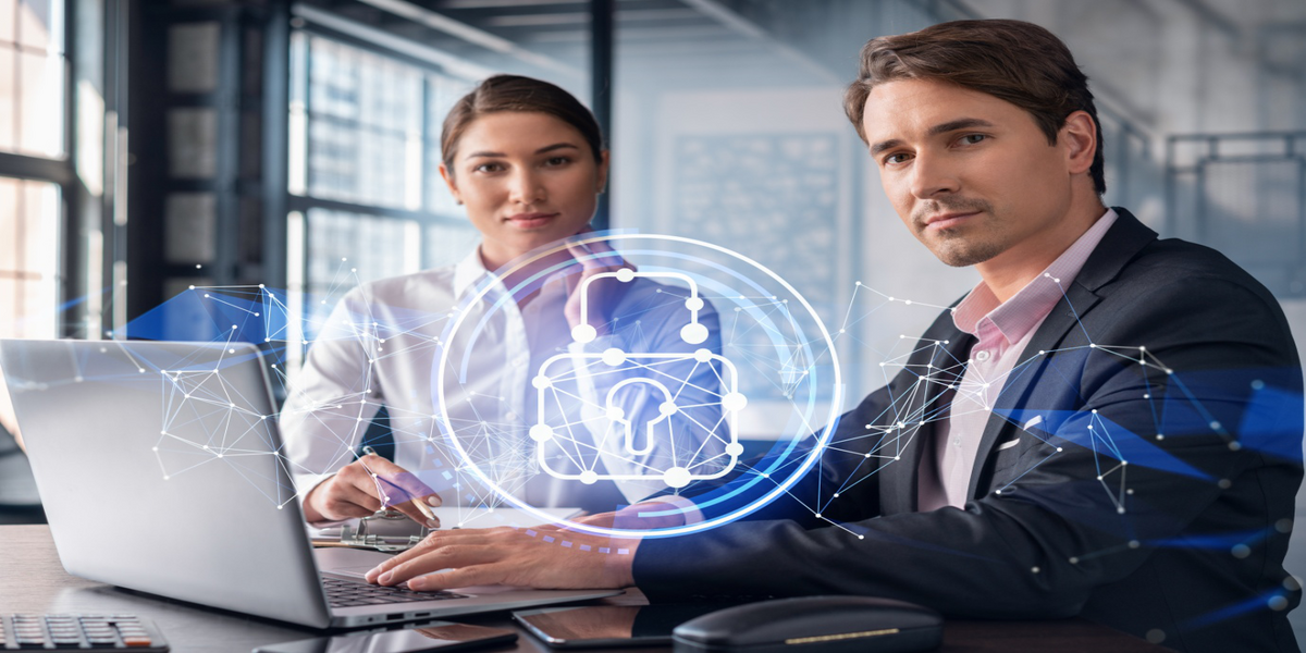 HR professionals reviewing workforce data with a digital security interface using the SimplyHRMS time and attendance system.