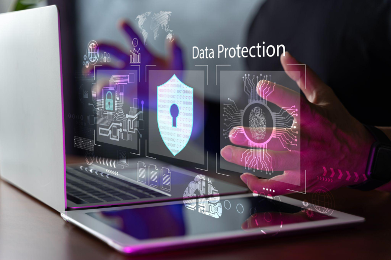 Person using a tablet with a network security interface for data protection from hackers.