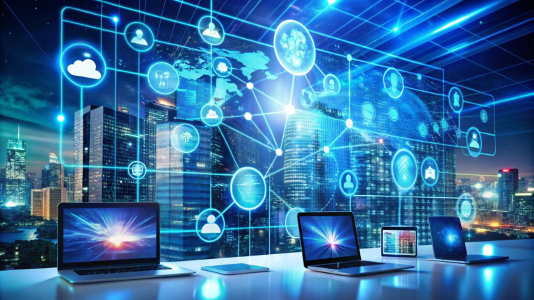 Multiple connected devices on a network representing shadow IT, unused software, and visibility risks.