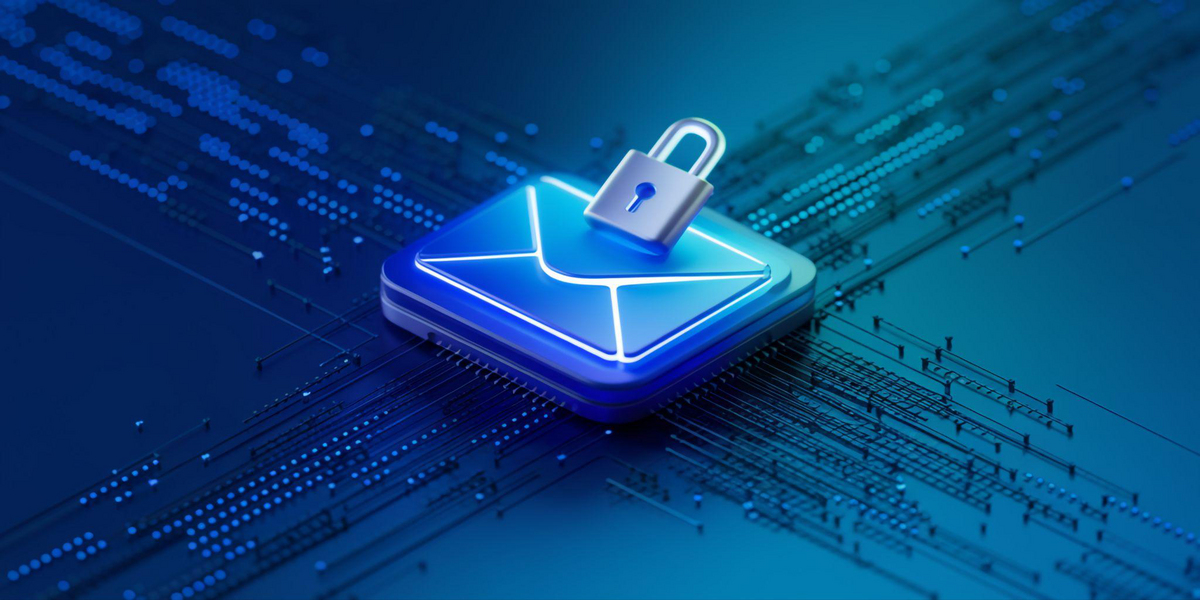 Blue email icon with a lock symbol on a circuit board background.