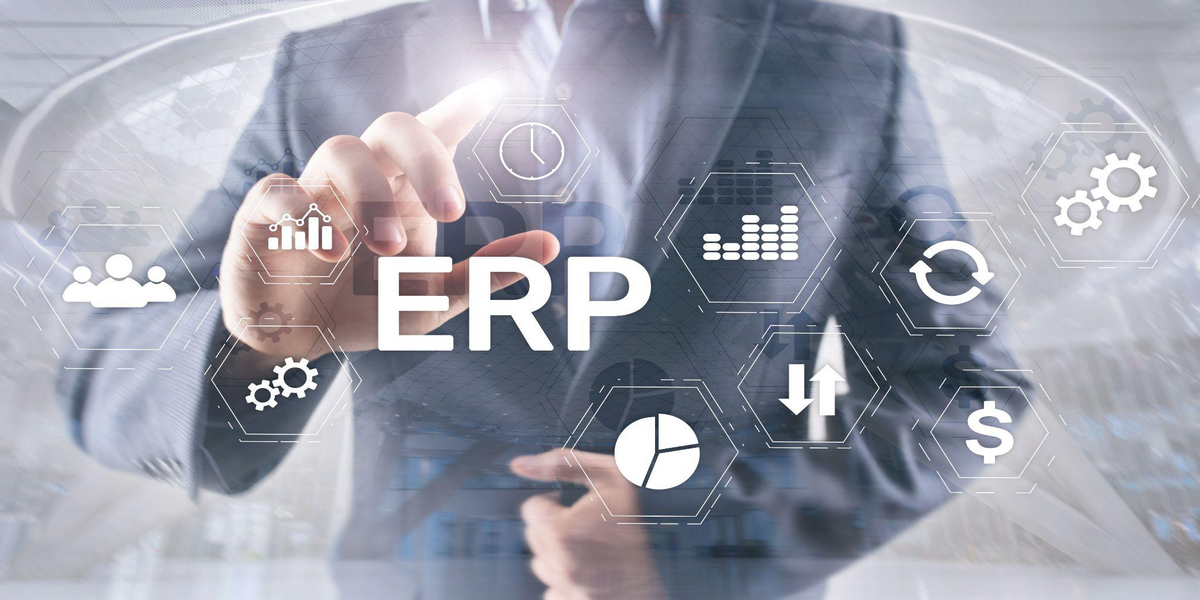 Businessman interacting with a virtual ERP interface on a digital screen.