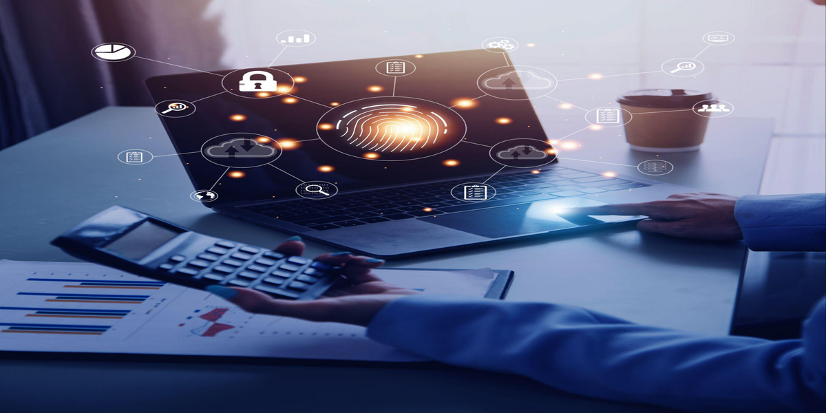 Abstract digital transformation graphic showing connected technology icons.