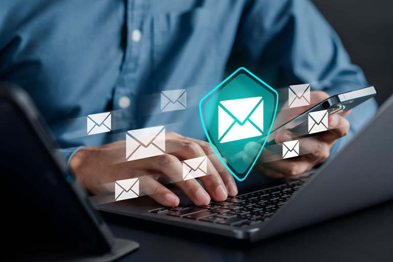 Email security graphic showing protection from spam and malicious messages.