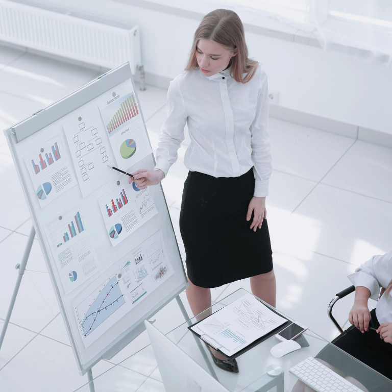 Business team reviewing financial data during a meeting.