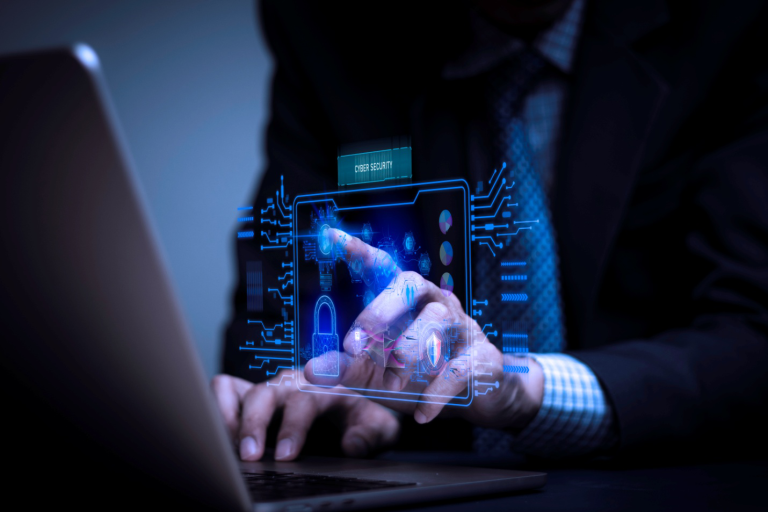 Business professional analyzing digital security interface during a cyber security audit to assess data protection and system vulnerabilities.