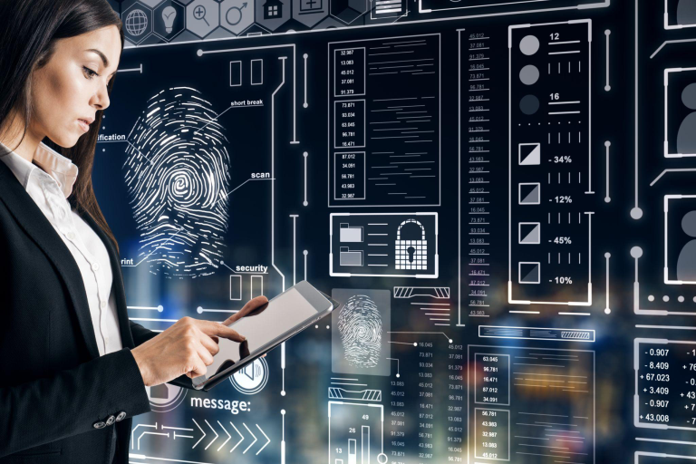 Business professional reviewing digital access control dashboard to strengthen IT governance and accountability
