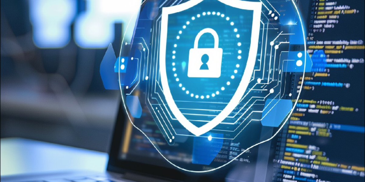 Laptop screen with a digital security shield overlay