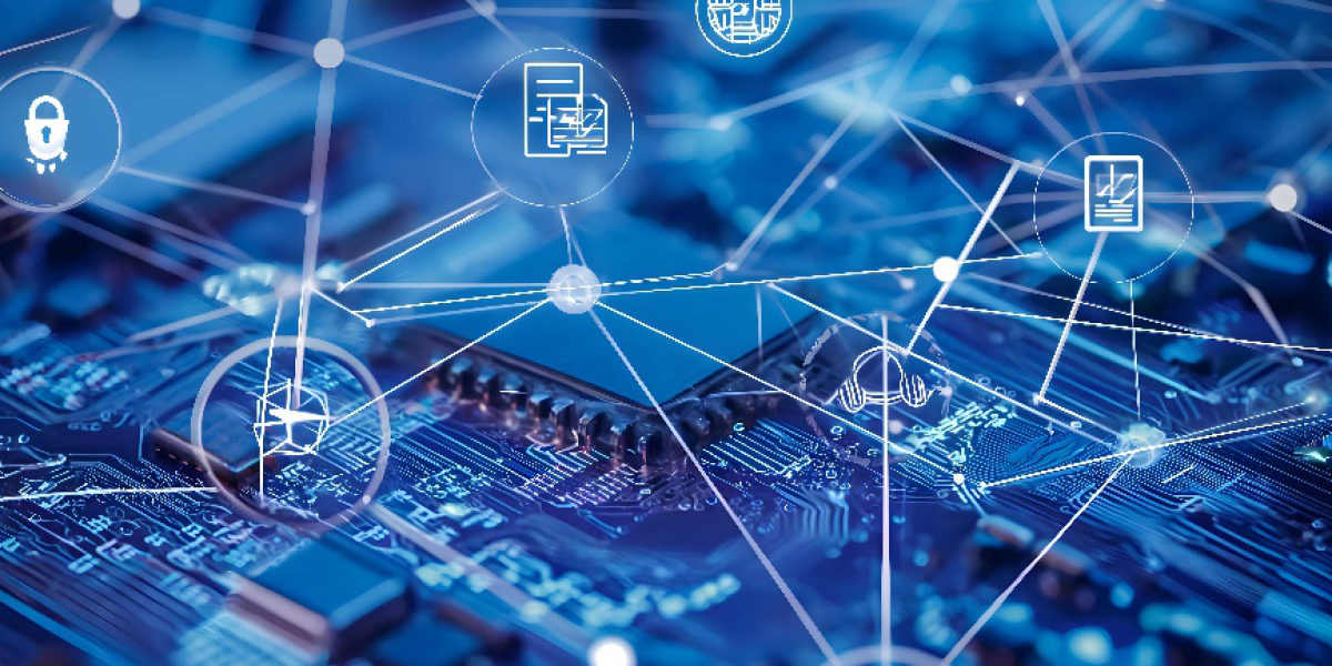 Circuit board with digital network icons overlayed.