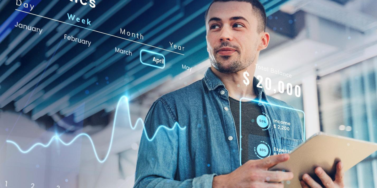Business analyst reviewing interactive financial data on a futuristic dashboard