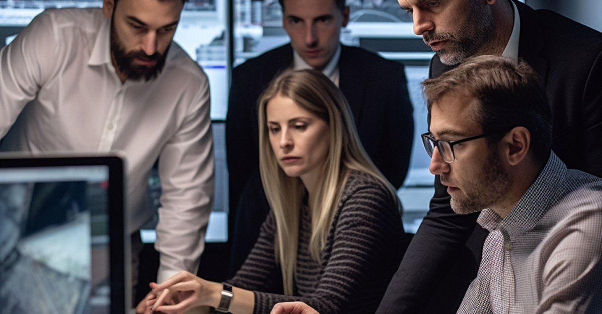 A group of people huddle around a desk with data projected behind them and keyboards and paperwork in front of them, showing how Managed IT Services for businesses become just an extension of existing teams.