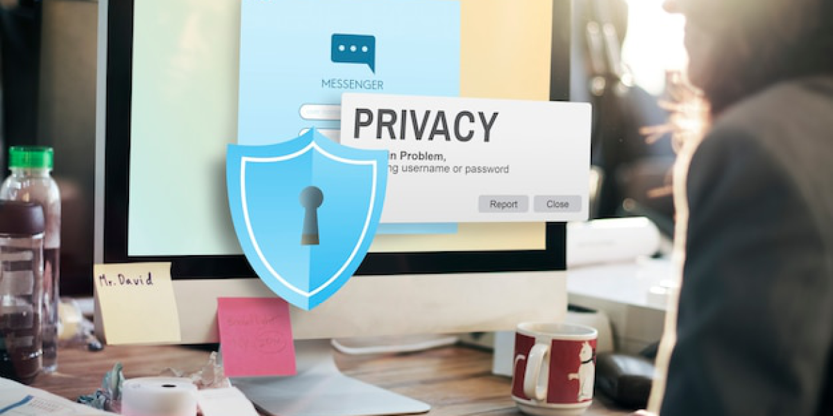 Computer screen displaying privacy notification in an office setting.